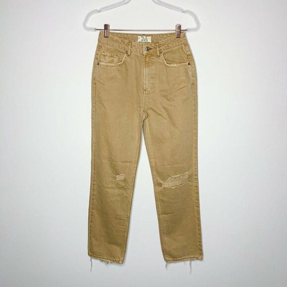 WE THE FREE Jeans Women Size 26 Tan Dakota Straight Leg Distressed - Picture 1 of 5